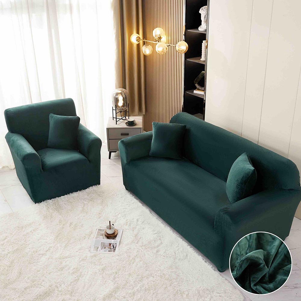 JOH3CC06-1.jpg Husa elastica din catifea, canapea 3 locuri, cu brate, Verde - imagine 1