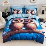 Lenjerie de Pat 1 Persoană- pat 140*200 cm, Cearceaf cu elastic, Imprimeu 5D Bufnite