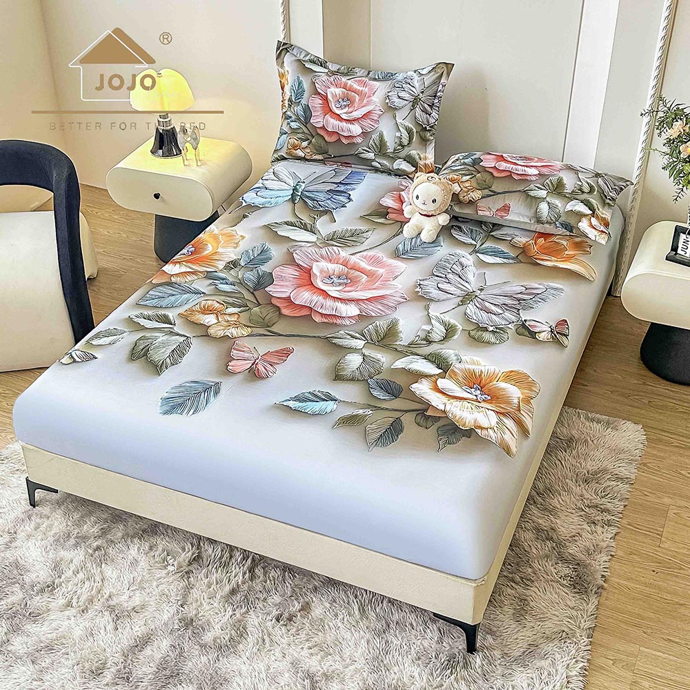 15H Husă Pat Dublu cu elastic cu 2 fețe de pernă, Țesătură Tip Finet , Imprimeu 5D Flori - imagine 1