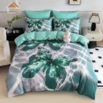 Lenjerie de Pat 1 Persoană- pat 140*200 cm, Cearceaf cu elastic, Imprimeu 5D Fluturi Verzi