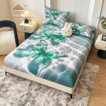 Husă Pat Dublu cu elastic cu 2 fețe de pernă, Țesătură Tip Finet , Imprimeu 5D  Fluturi Verzi