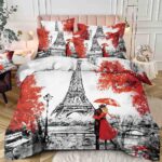 Lenjerie de Pat 1 Persoană- pat 140*200 cm, Cearceaf cu elastic, Imprimeu Turnul Eiffel