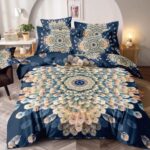 Lenjerie de Pat 1 Persoană- pat 140*200 cm, Cearceaf cu elastic, Pene de Paun