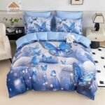 Lenjerie de Pat 1 Persoană- pat 140*200 cm, Cearceaf cu elastic, Imprimeu 5D Fluturi Bleu