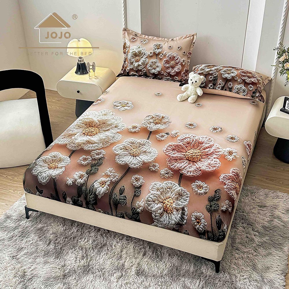 34H Husă Pat Dublu cu elastic cu 2 fețe de pernă, Țesătură Tip Finet , Imprimeu 5D Flori - imagine 1