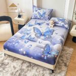 Husă Pat Dublu cu elastic cu 2 fețe de pernă, Țesătură Tip Finet , Imprimeu 5D Fluturi Bleu