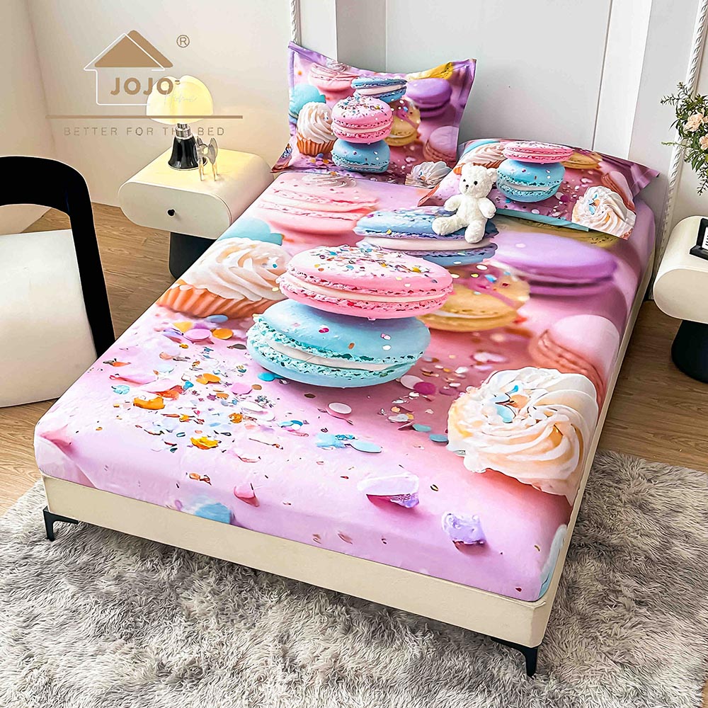 41H Husă Pat Dublu cu elastic cu 2 fețe de pernă, Țesătură Tip Finet , Imprimeu 5D Macarons - imagine 1