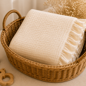 Păturică Crem Premium din Muselină 4 Straturi cu Volănaș – 100×100 cm