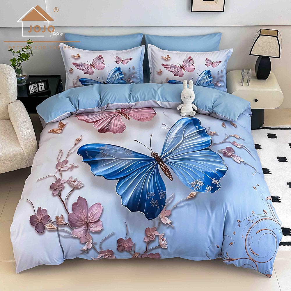 11.1 Lenjerie de Pat 1 Persoană- pat 140*200 cm, Cearceaf cu elastic, Imprimeu 5D, Bleu cu Fluturi - imagine 1