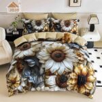 Lenjerie de Pat 1 Persoană- pat 140*200 cm, Cearceaf cu elastic, Imprimeu 5D,  Bej cu Flori