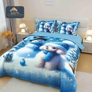 Cuvertură Crăciun 5D, 220x240 cm, Set 3 Piese -Cățeluș Alb și Om de Zăpadă Albastru