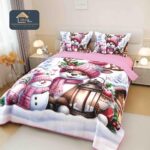 Cuvertură Crăciun 5D, 220x240 cm, Set 3 Piese - Ren și Om de Zăpadă Roz